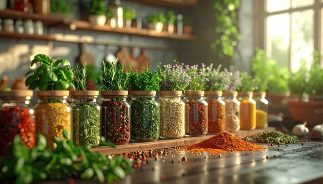 Assortment of Fresh Herbs and Spices in Jars on Kitchen Counter.