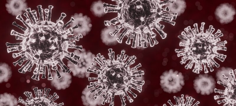 Microscopic View of SARS-CoV-2 Virus Particles Floating in Space &ndash; COVID-19 Cellular Scene Illustration