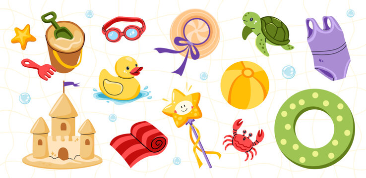 Children's beach toys and summer accessories. Sand castle, bucket, swimming ring, ball, duck, crab, turtle and swimsuit. Vector illustration of vacation and tourism elements isolated on light backgrou