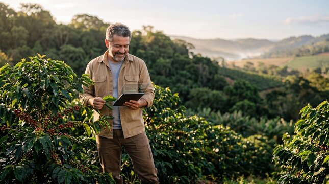 Modern farmer using smart technology and a digital tablet to inspect coffee crop health in a mountain plantation during golden hour