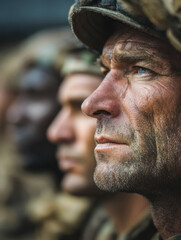 Naklejka premium Profile of determined male soldier in camouflage helmet with blurred comrades in background showcasing resilience and focus during military formation