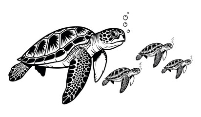Fototapeta premium Sea turtle family mother and hatchlings swimming in the ocean depths