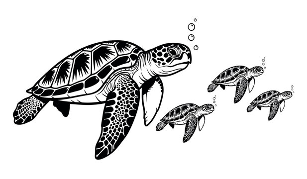 Sea turtle family mother and hatchlings swimming in the ocean depths