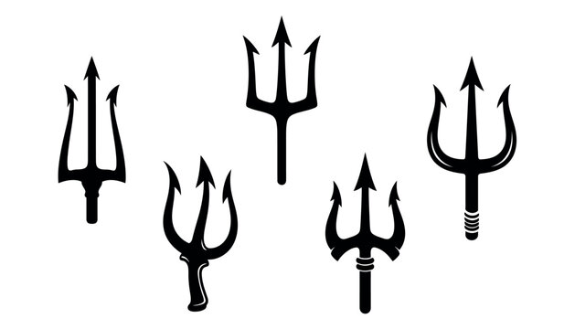 Collection of black and white trident illustrations mythological and nautical symbolism