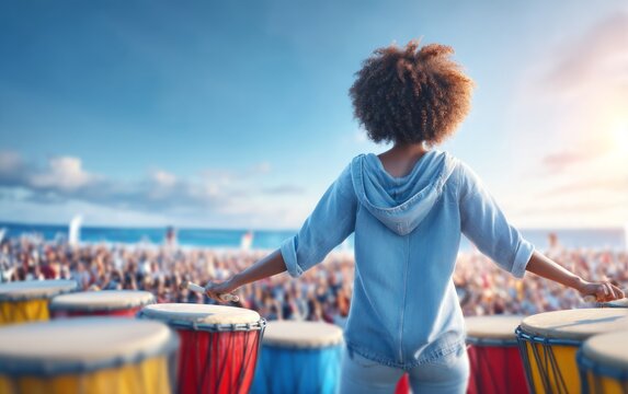 Woman Standing at the Edge of a Large Outdoor Drum Circle at Sunset