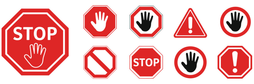 Stop sign collection, warning hand gesture icons with prohibition and danger symbols for road safety, alert notifications, traffic regulation and caution messaging