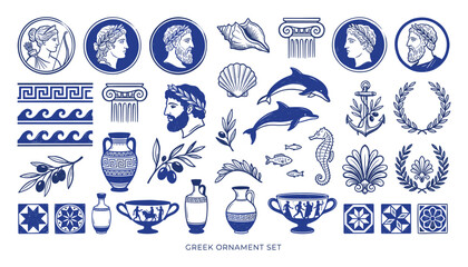 Ancient greek vector art blue and white pottery dolphins and classical motifs © Universal Icons Lab