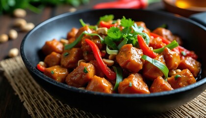 Fototapeta premium Spicy chicken chunks with peanuts and chili peppers in savory sauce. Garnished with fresh cilantro and green onion. Delicious Asian cuisine served in black bowl. Aromatic, flavorful dish.