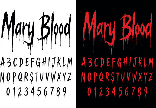 Spooky Mary Blood Horror Alphabet and Numbers Set: Dripping Blood Font Design in Red and Black, Perfect for Halloween Posters, Gothic Typography, Scary Movie Titles, and Vector Graphics