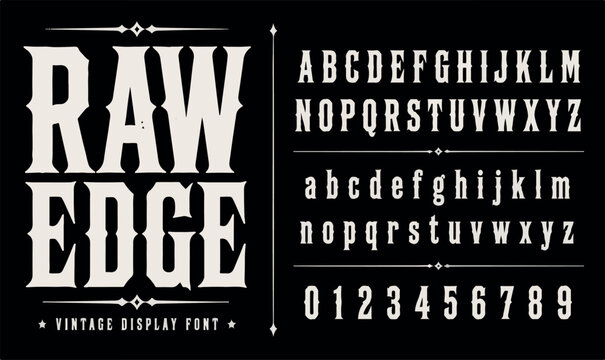 Raw Edge Vintage Display Font: A Classic Western Slab Serif Alphabet with Rustic Decorative Details for Retro Signage, Branding, Apparel Design, and Antique Style Typography Projects.