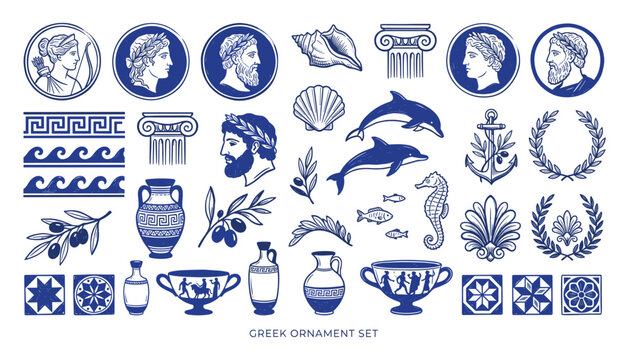 Ancient greek vector art blue and white pottery dolphins and classical motifs