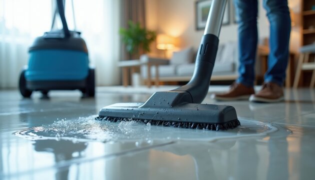 Wet vacuum cleaner sucks up spilled water from tiled floor. Person uses tool to remove liquid mess. Home cleanup after flood or accident. Drying process begins.