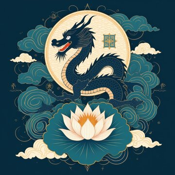 Dark blue dragon with sharp claws and teeth sits above white lotus flower. Swirling clouds frame this mystical creature. Eastern art style. Dragon is powerful symbolic.