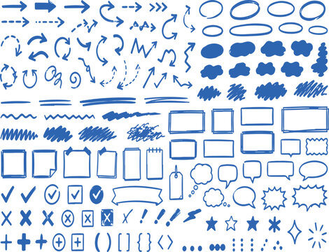 Huge Collection of Hand-Drawn Blue Marker Doodle Elements, Featuring Arrows, Speech Bubbles, Shapes, Frames, Checkmarks, and Decorative Symbols for Creative Graphic Design Projects.
