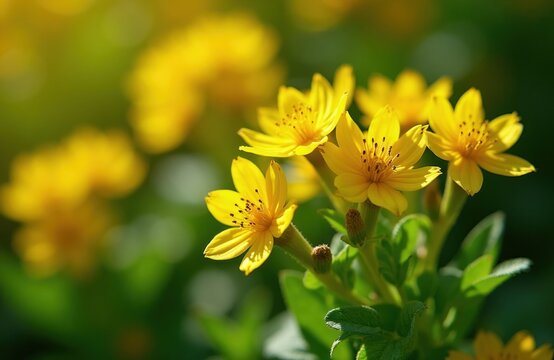 Yellow St. John Wort flowers bloom brightly in sunlight. Green leaves and buds grow on stems. Nature shows summer freshness. Floral plant detail.