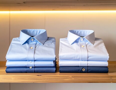 Two neatly folded stacks of clean blue and white dress shirts ready for business and formal wear