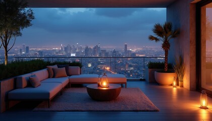 Obraz premium Modern balcony overlooks city skyline at dusk. Comfortable seating area with soft lighting and a palm tree creates a relaxing evening ambiance. Urban nightscape view.