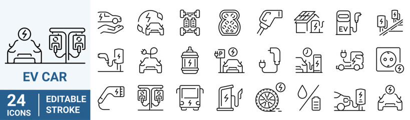 Fototapeta premium Set of 24 outline icons related to Ev Car. Electric vehicle or transport. Linear icon collection. Editable stroke. Vector illustration
