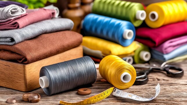 Colorful Threads and Tailoring Essentials in a Crafting Station Arrangement