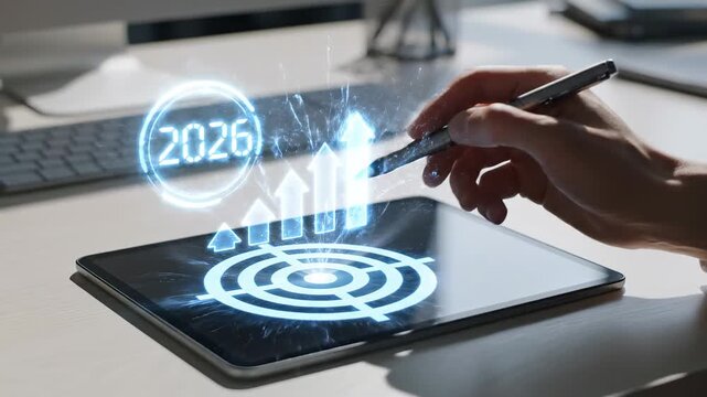 This content shows a person's hand using a stylus to interact with a futuristic digital interface on a tablet, projecting a glowing blue target and the years 2025 and 2026 in a modern office setting