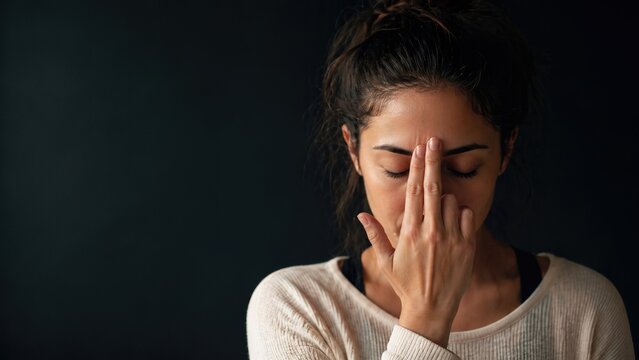 Young woman practicing alternate nostril breathing (Nadi Shodhana) for mindfulness and stress relief, pranayama yoga exercise on a dark background.