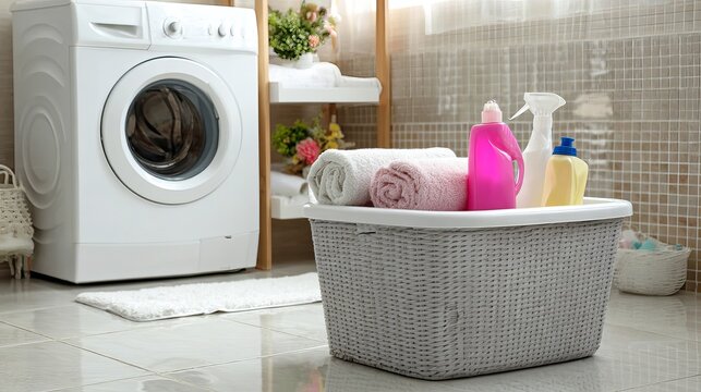 Laundry basket with detergent sits by the washing machine in the bathroom.