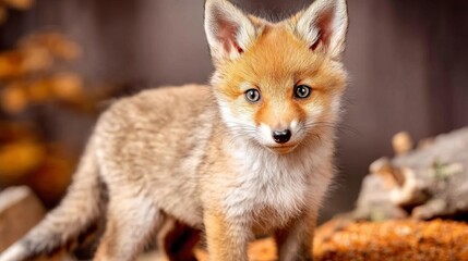 Fototapeta premium Cute Fox Standing on Surface Covered with Rust Colored Leaves and Debris