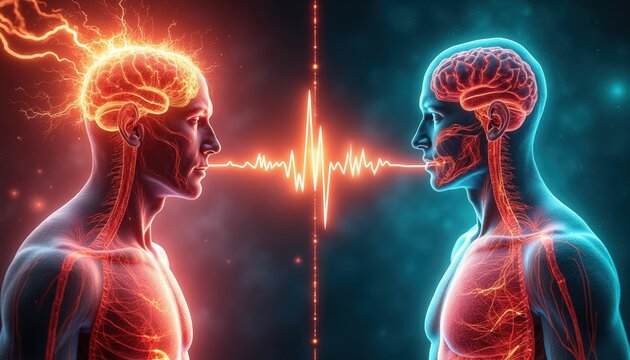 Two human heads show brain and nerves, connected by energy wave and light signals. One head shows stress response, other shows calm. Neural pathway illustration.