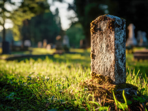Old weathered moss-covered headstone bathed in golden sunlight standing among green grass in a tranquil historic cemetery at sunset
