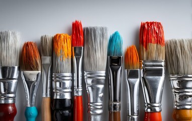 Fototapeta premium Assorted Paintbrushes in Various Colors with Dried Pigment Residue