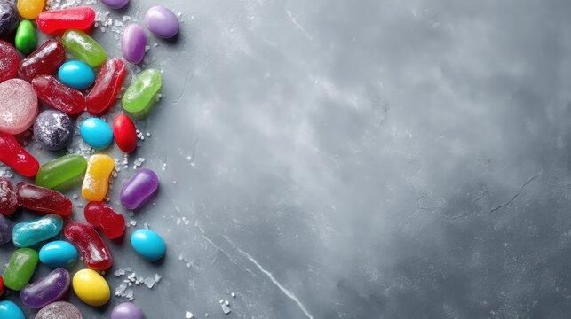 Bright sweets on a gray surface, seen from above. Room for words.