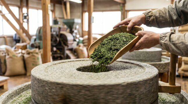 Worker pouring dried green tea leaves from a wooden scoop into a traditional stone grinding mill