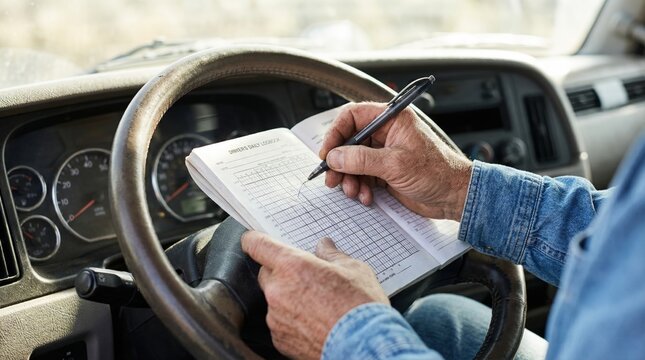 Truck driver holding a pen and writing in a daily paper logbook inside the cab of a commercial vehicle