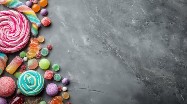 Bright sweets on a gray surface, seen from above. Room for words.