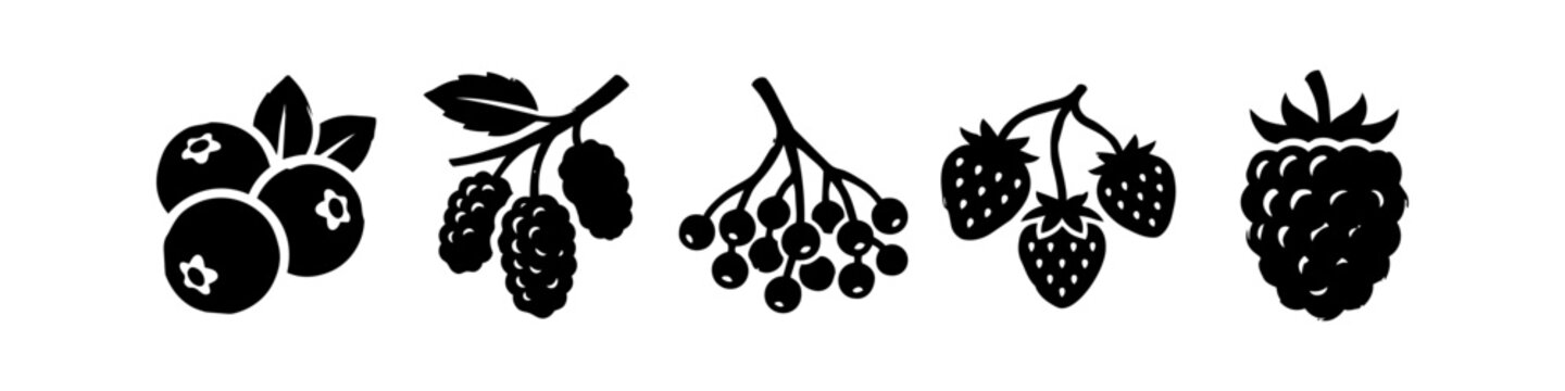 Collection of Black and White Berry Silhouettes and Icons Featuring Strawberry, Raspberry, Blueberry, Mulberry, and Currants Isolated on White Background