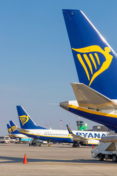Ryanair airplanes parked at airport gate showing blue tail logos and lined up jet fleet, Orio al Serio Airport, Bergamo, Italy, April 8, 2026: 