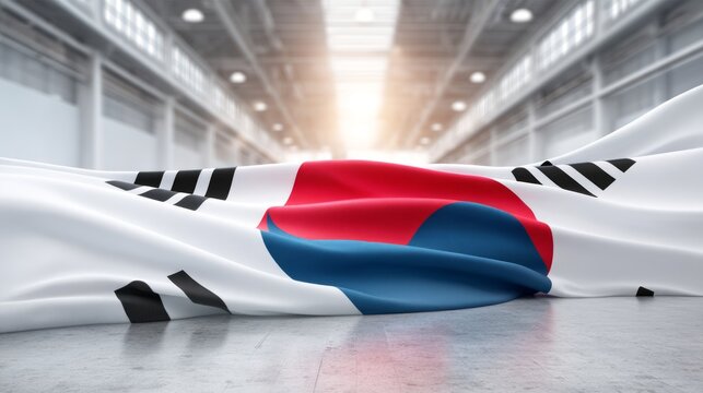 Massive Korean Flag Displayed on Floor in Spacious Industrial Setting