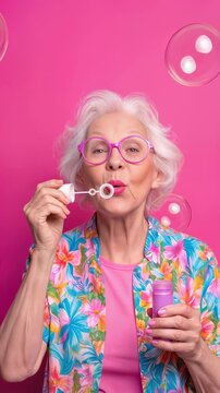 Senior woman blowing soap bubbles against vibrant pink background. Cheerful elderly lady with white hair wearing floral shirt and glasses enjoying playful activity
