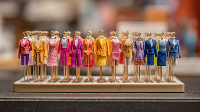 Tiny outfits displayed on a stand, showing vibrant colors.