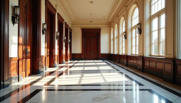 Sunlit empty corridor with large arched windows and polished marble floor. Dark wood paneling and doors create a classic interior. Natural light streams across the hall.