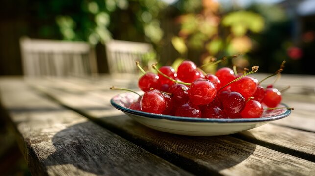 Juicy red berries sat in a dish on a picnic table, with room for your words.