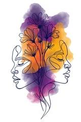 Acrylglasbilder Eine Linie Minimalist one line drawing of female faces with colorful watercolor flowers  © Kristina