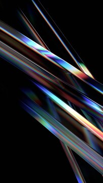 Abstract iridescent glass lines on a black background, vertical 3d render
