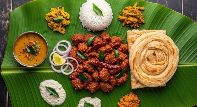 Traditional south indian meal with spicy mushroom fry, rice, and parotta served on a banana leaf