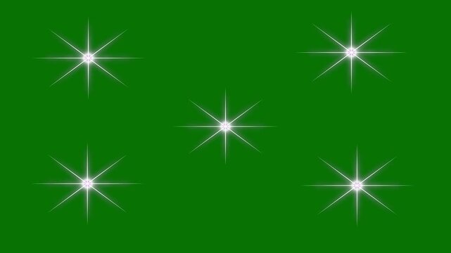 Glittering twinkle star animation with glow, white cartoon star shine animation, magical star sparkle, flat vector blinking line animation, cute star flashes on transparent or green background in 4K