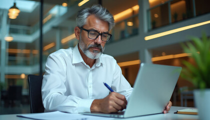 Fototapeta premium Mature businessman in glasses works on laptop, writes notes in modern office. Focused adult manager plans tasks, uses tech for remote work. Elegant pro at desk studies paperwork, wearing white shirt.