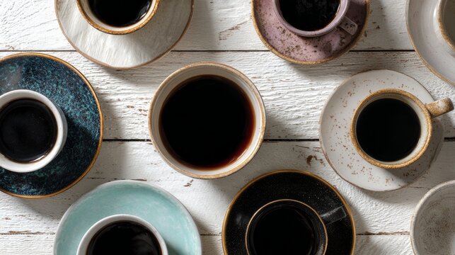 Coffee cups sit on a white wood table, seen from above. Plenty of room left for writing.