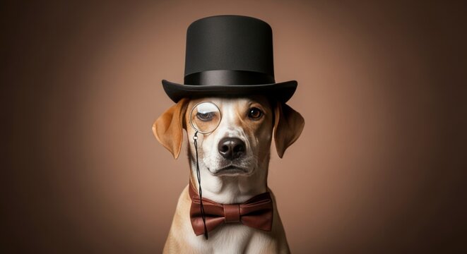 A Stylish Dog Dressed in a Top Hat and Bowtie Exudes Elegance and Charm, Captured in a Charming Studio Setting with Neutral Background