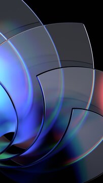 Abstract iridescent glass curved shapes on a black background, vertical 3d render