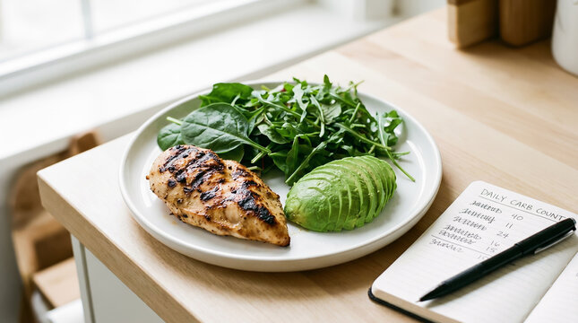 Healthy meal with grilled chicken avocado and spinach next to notebook for daily carb count. Insulin-dependent diabetes. Blood sugar level, glucose monitoring. Medical with copy-space.